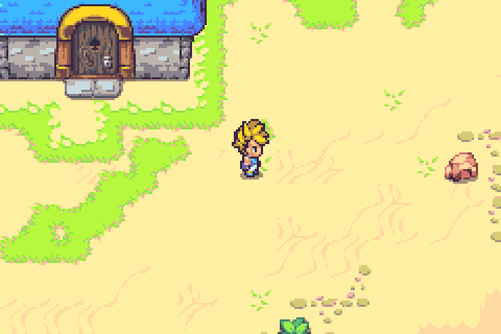 Pixel art game scene with a blond character standing on a sandy path near a building with a blue roof and wooden door.
