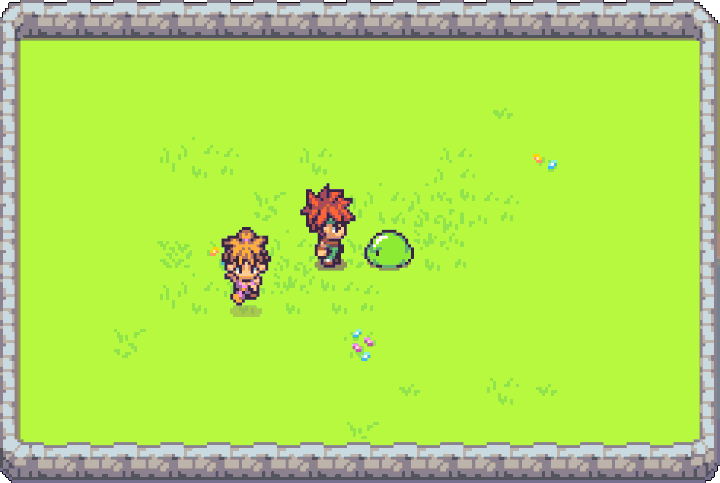 Two pixel art characters and a green slime creature in a walled grassy area, viewed from above.