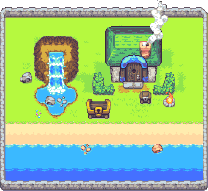Pixel art scene with a house, waterfall, treasure chest, campfire, and shoreline in a grassy area.