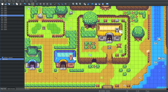 RPG Maker editor showing a pixel art village map with buildings, trees, water, and a grid overlay.