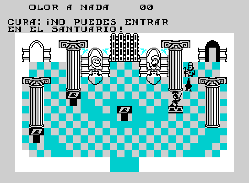 Mecánica de olores en La Nariz Fugitiva para ZX Spectrum Captura de pantalla de La Nariz Fugitiva en ZX Spectrum - Interacción con olores y NPC