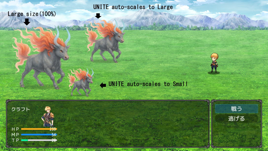 RPG Maker UNITE auto-scaled enemy sizes small large boss