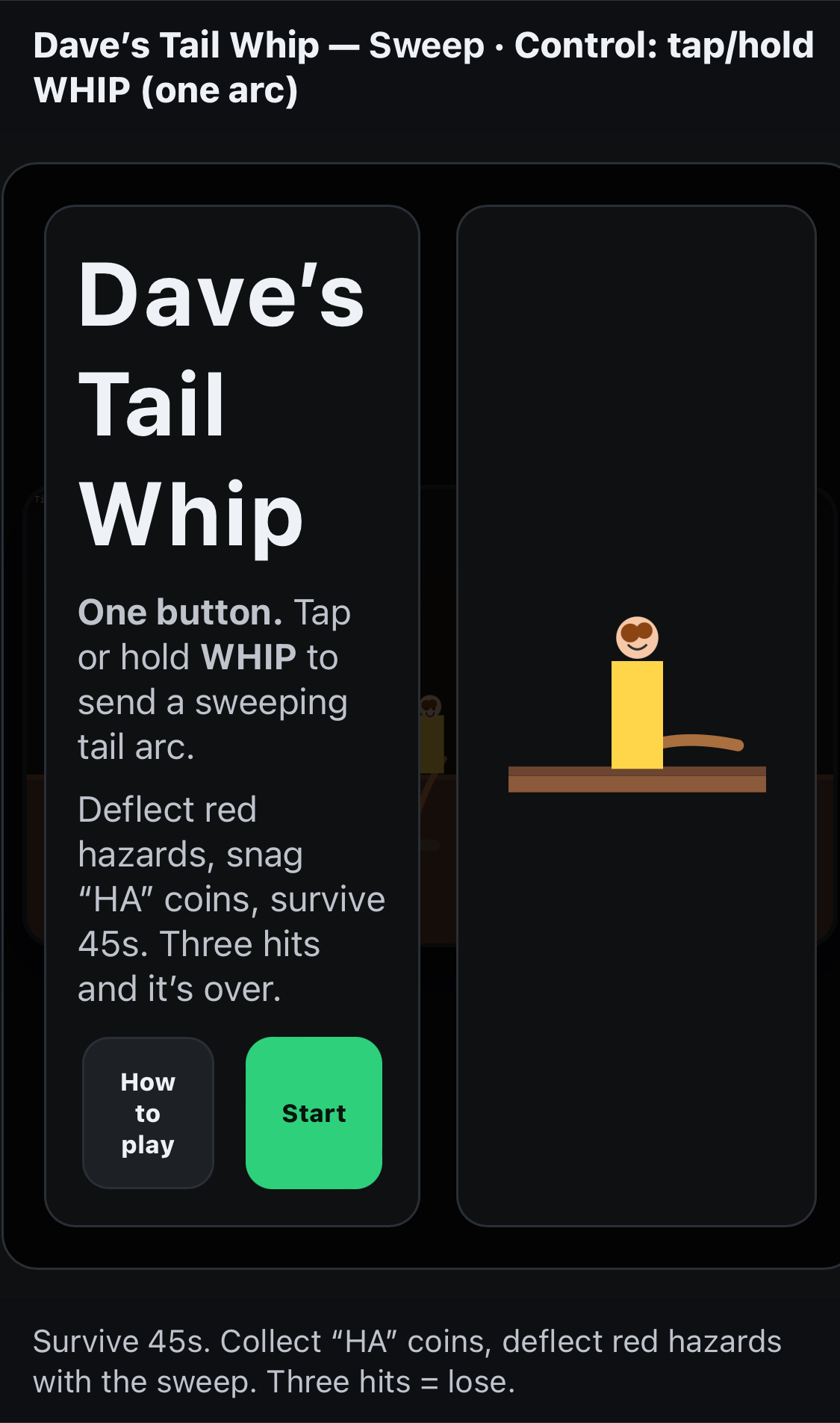 Dave's Tail Whip browser game showing its tap and hold gameplay instructions