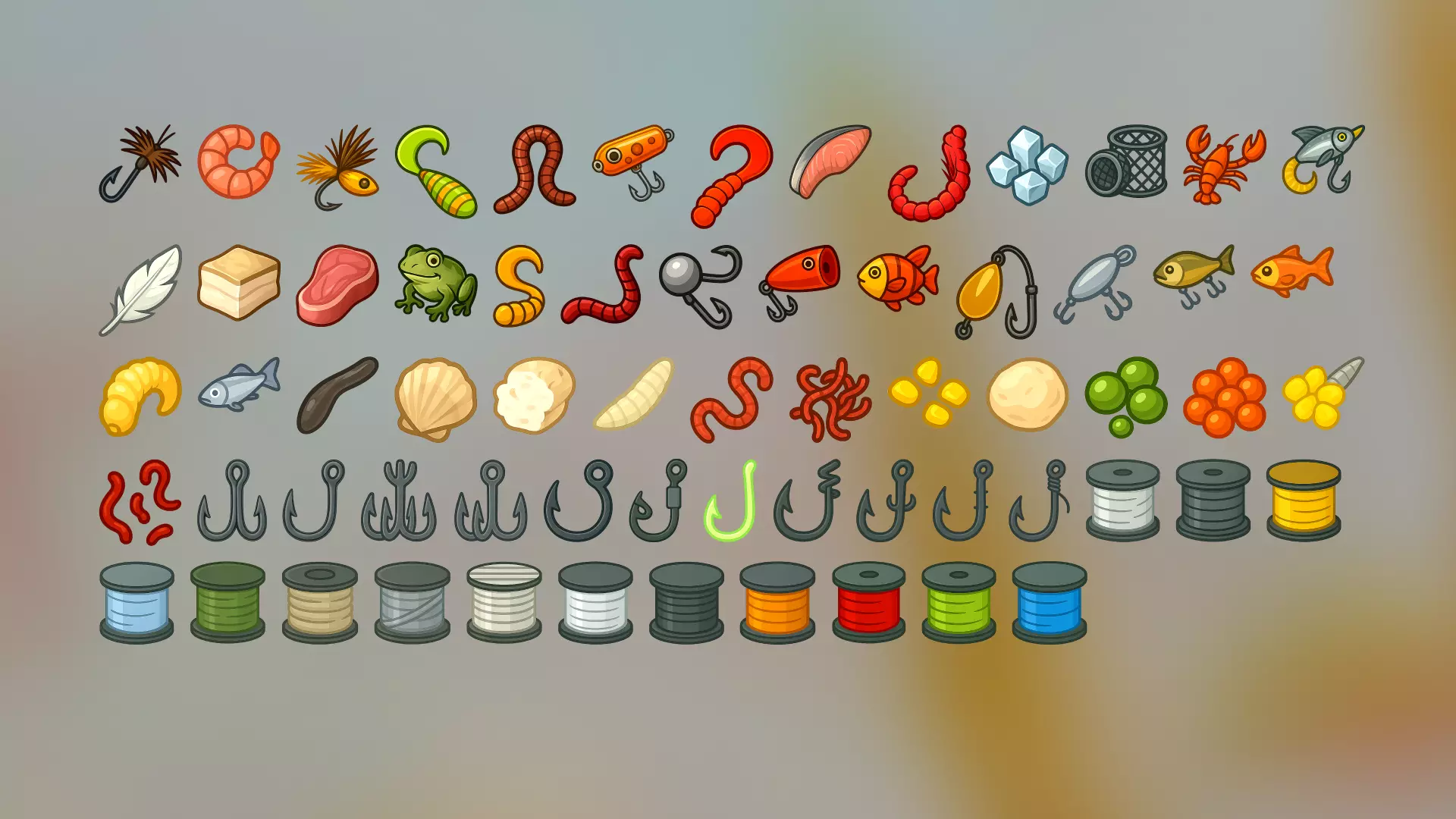 Full Fishing Gear Wilderness Icons Pack Fishing Rods, Bait, Clothing ...