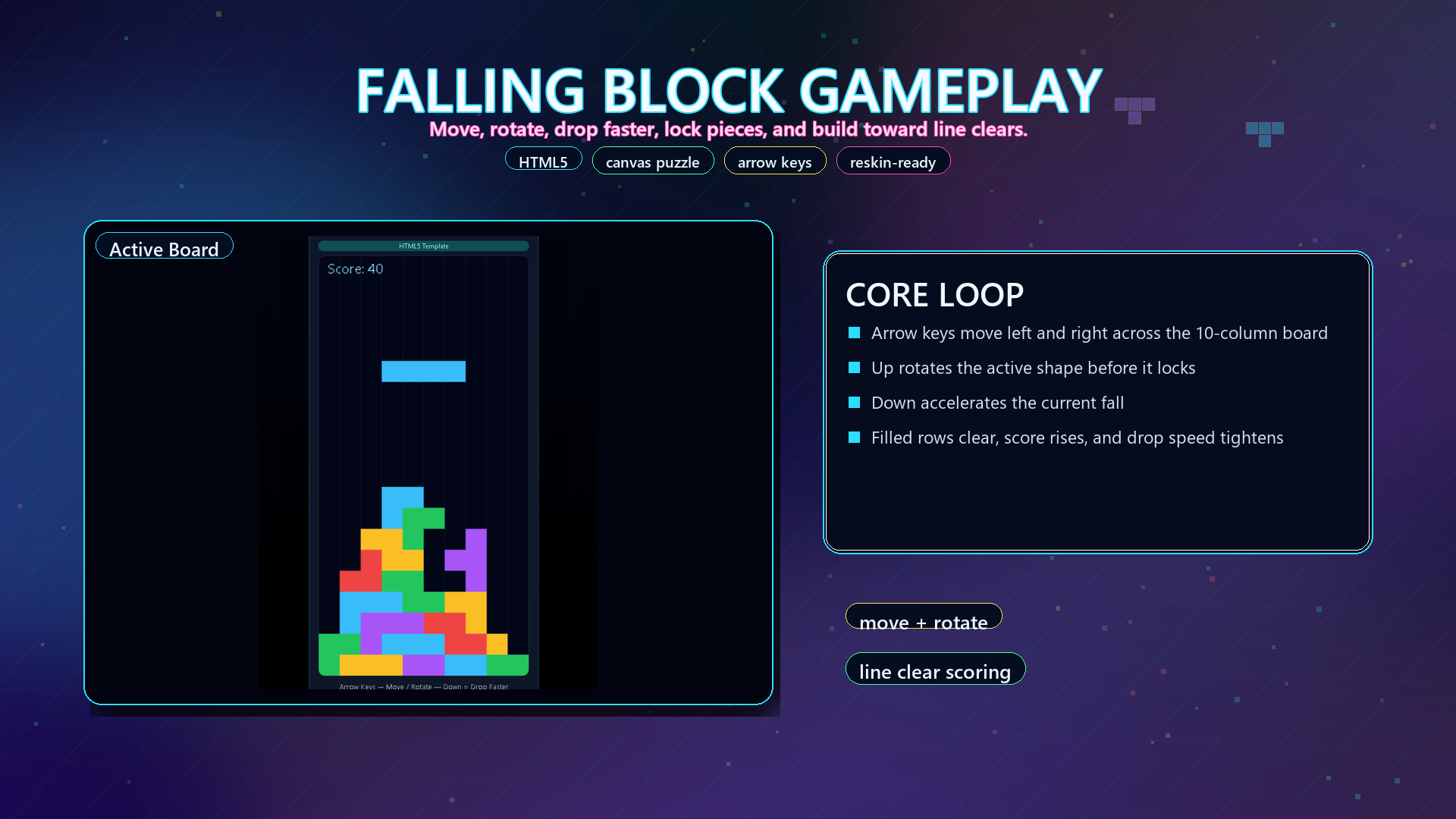 HTML5 Neon Block Drop Puzzle Template – neon‑styled falling blocks by ...