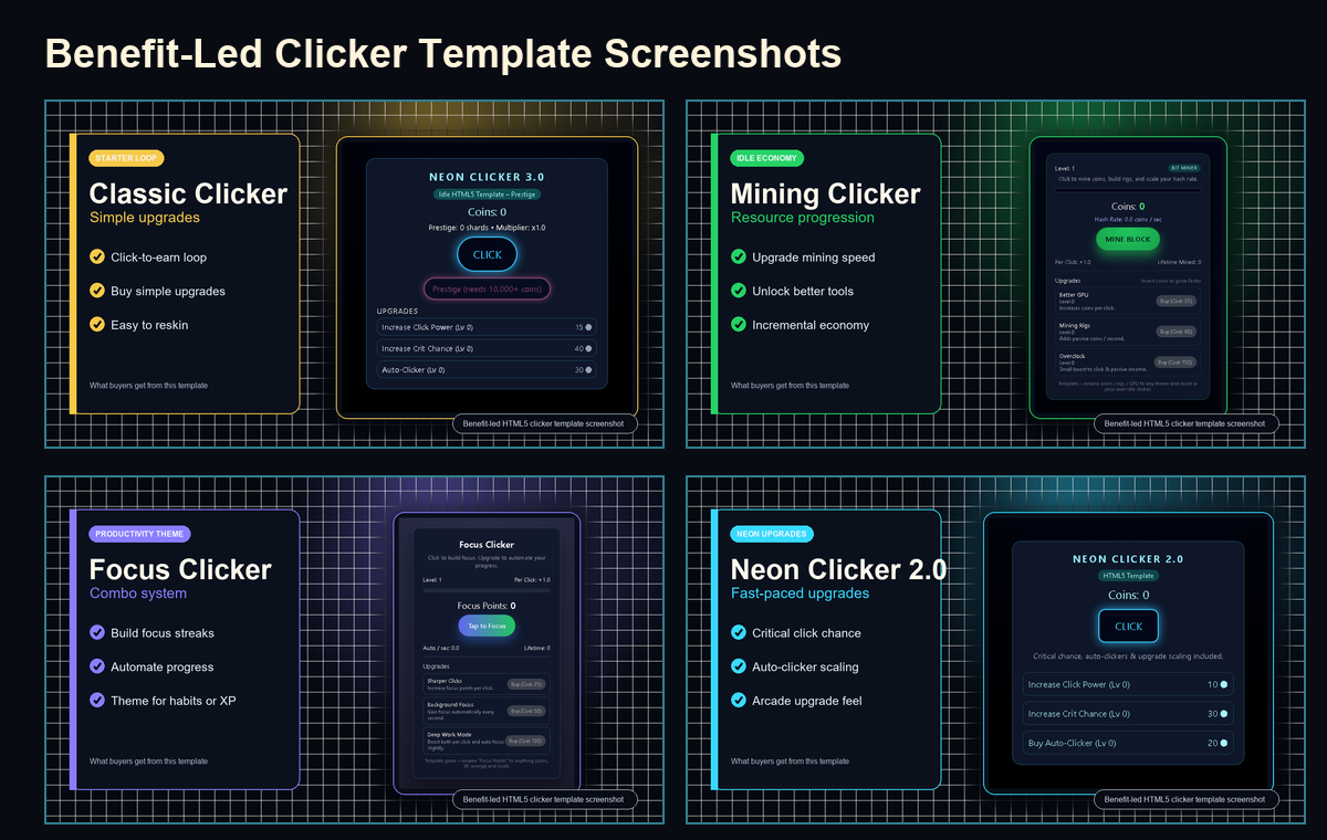 Neon Clicker Pack - 4-in-1 Idle HTML5 Game Templates by Template Foundry
