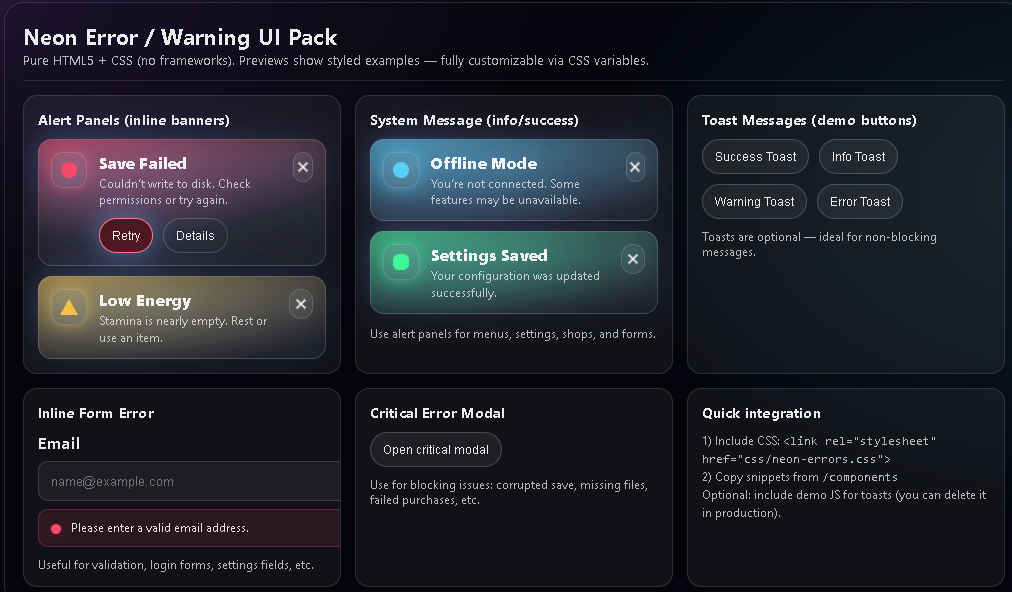 Warning Dialogs Html HTML5 UI Feedback Pack – Alerts, Dialogs & Warning States (Neon Style ...