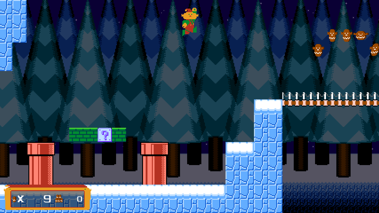 Super Nik Bro. jumping in a snowy pine forest. There are red pipes below him.