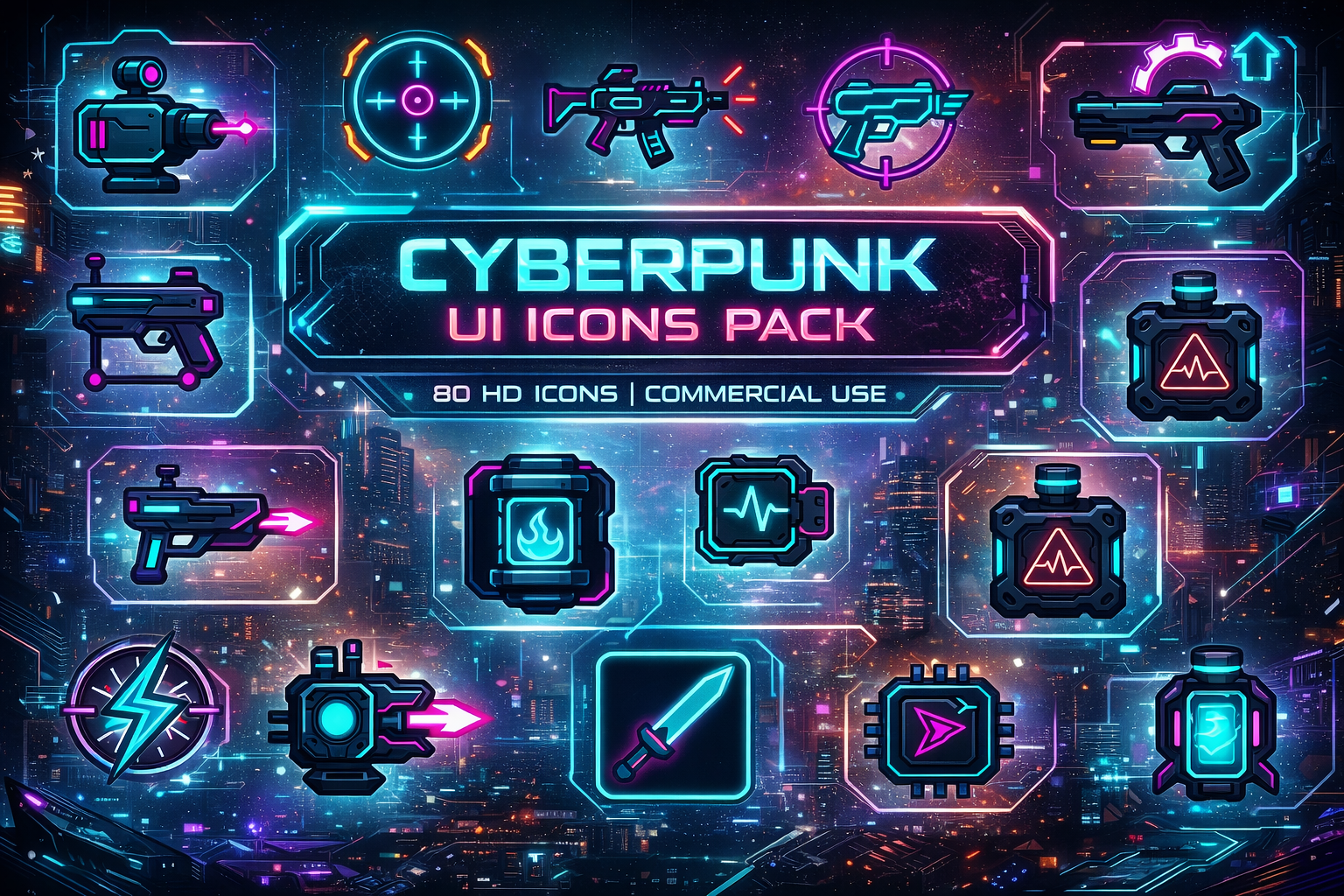 Cyberpunk Game UI Icons – Full Pack (80 PNG, 2048x2048) – Commercial ...