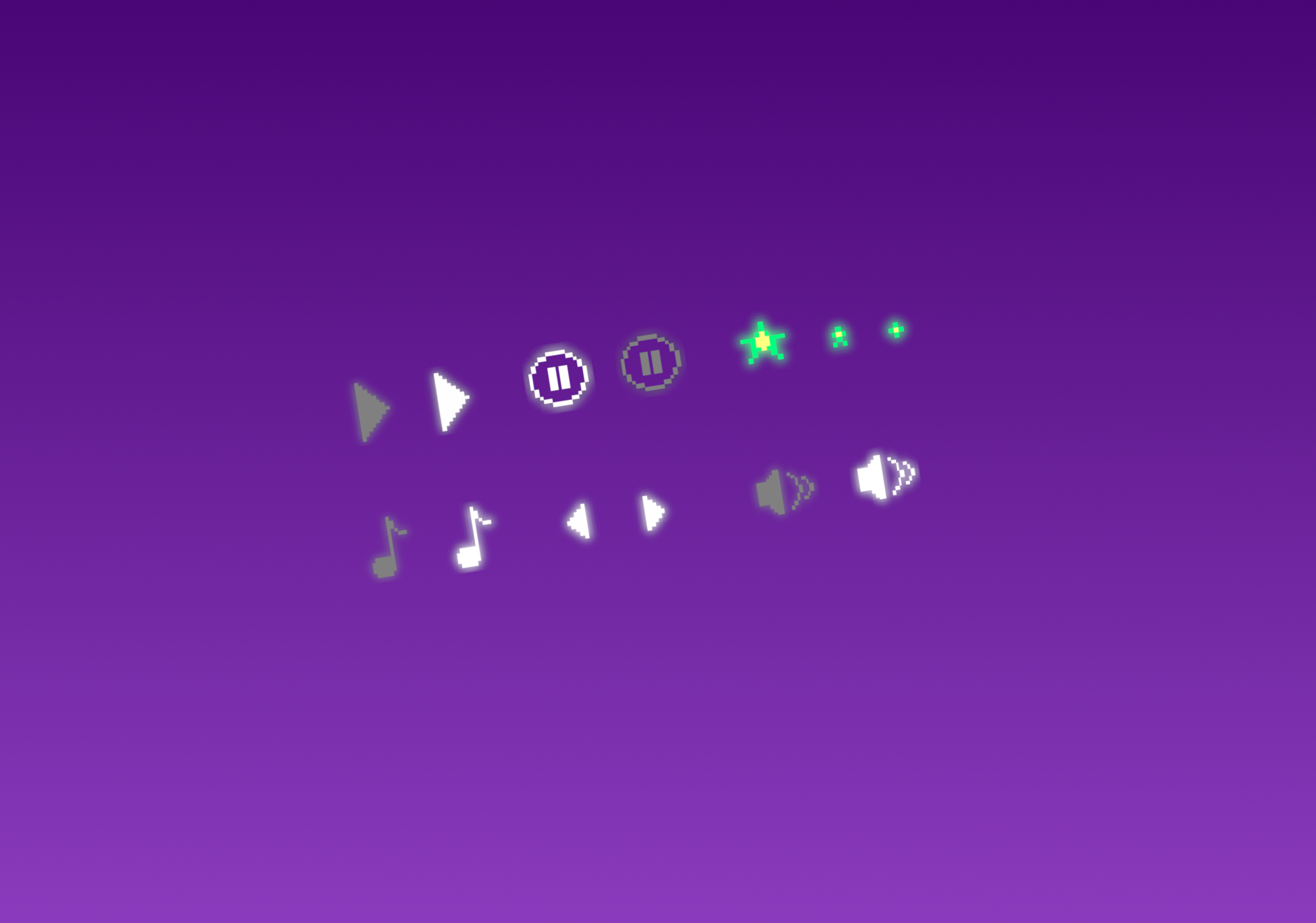 pixel buttons : play, pause, sound, music by Sons of Welder