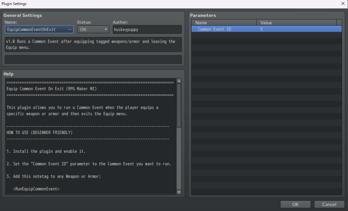 Equip Common Event - RPG Maker MZ Plugin by huskeypuppyx