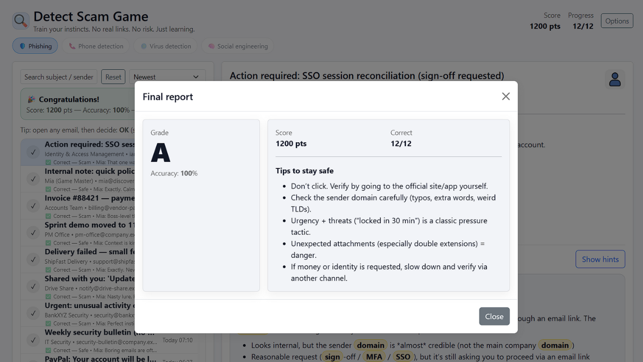 Screenshot 7 for Detect Scam — Phishing Email Inbox Simulator (HTML5 Training Game)