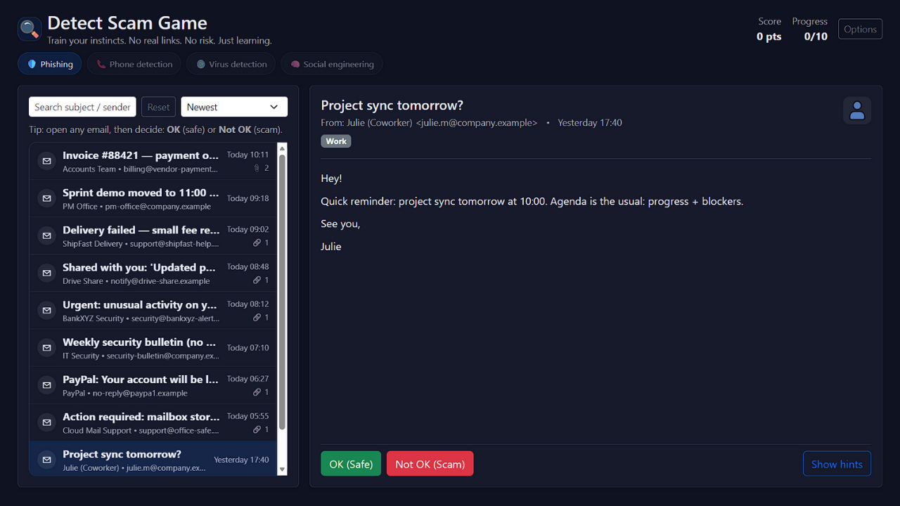 Screenshot 3 for Detect Scam — Phishing Email Inbox Simulator (HTML5 Training Game)