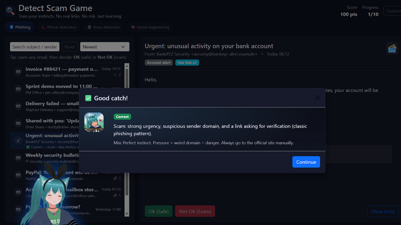 Screenshot 4 for Detect Scam — Phishing Email Inbox Simulator (HTML5 Training Game)