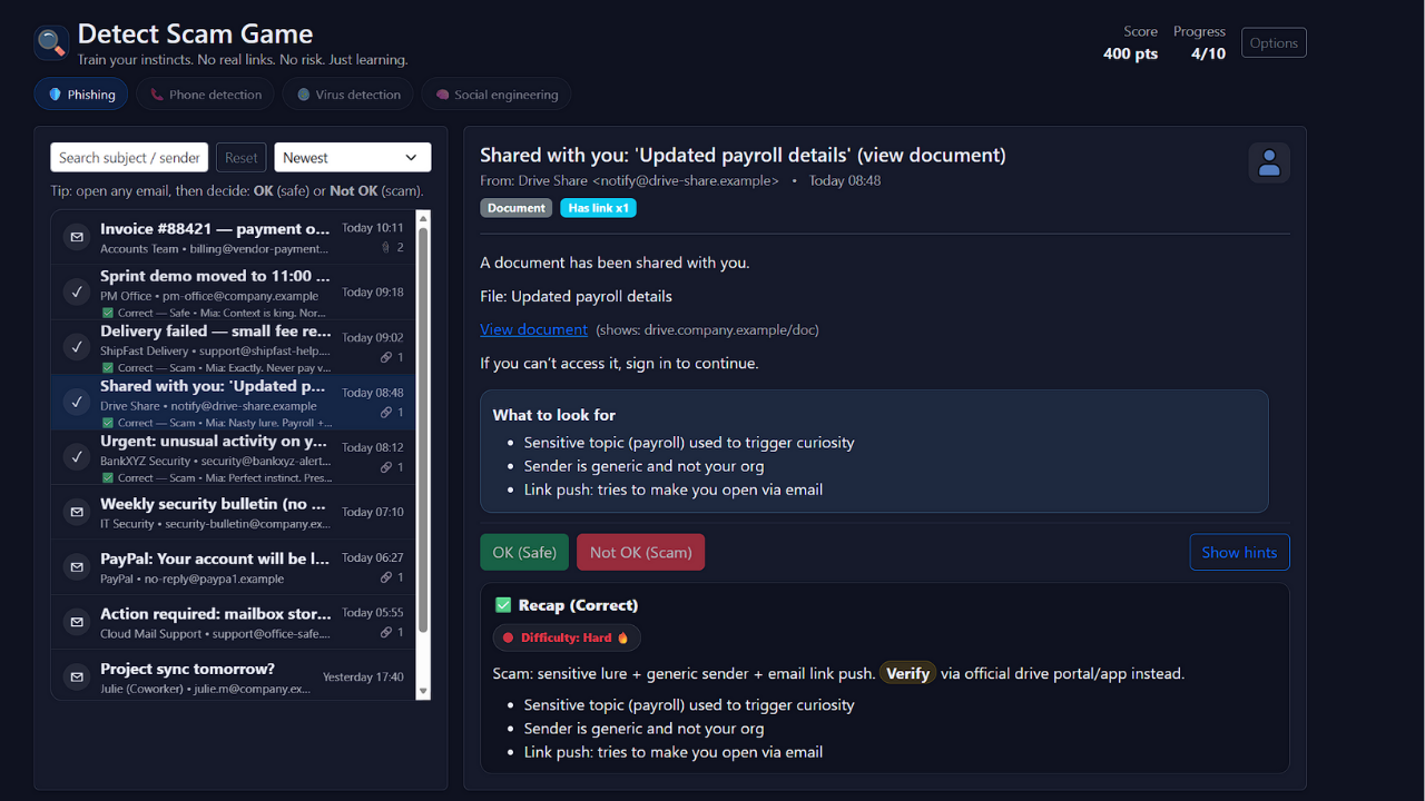 Screenshot 5 for Detect Scam — Phishing Email Inbox Simulator (HTML5 Training Game)