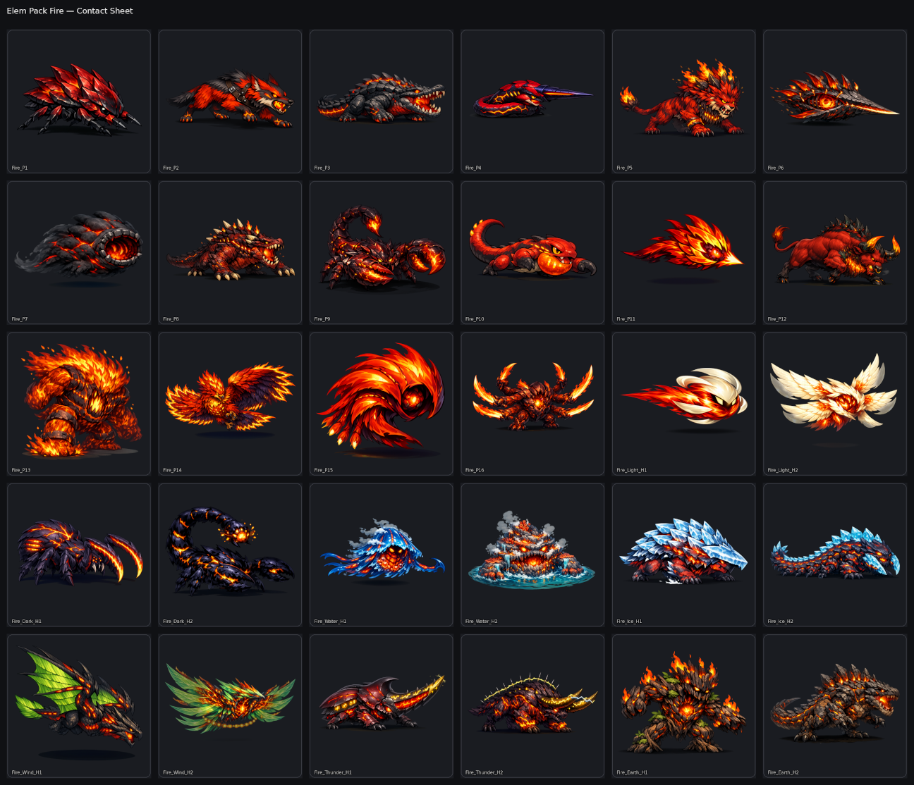 Sideview Fire Elemental Monster Pack - 30 Sprites (PNG) by L1ght