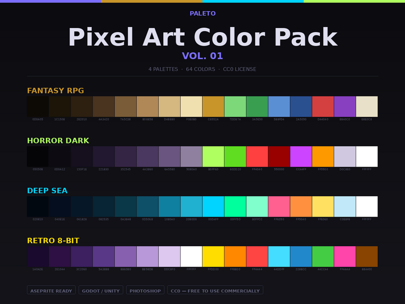 Paleto — Pixel Art Color Pack Vol. 01 | The Classics | 4 Palettes by Paleto