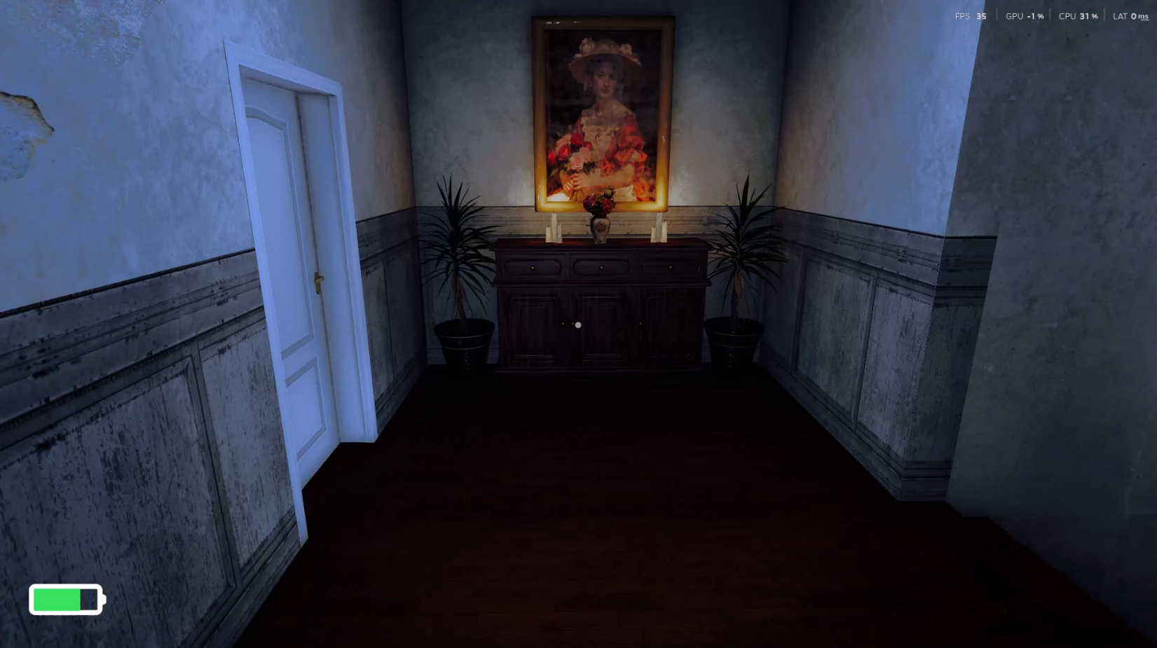 Gameplay eksplorasi koridor dan ruang di dalam rumah horror