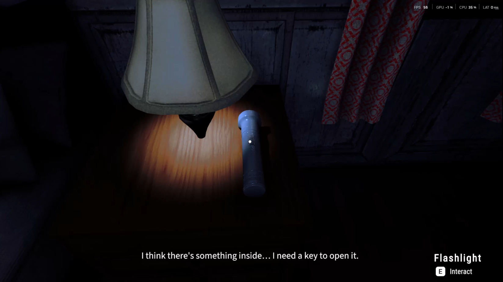 Gameplay dengan prompt interaksi flashlight dan teks arahan