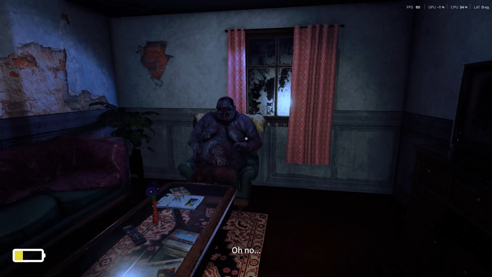 Gameplay first-person saat pemain menghadapi musuh di dalam rumah