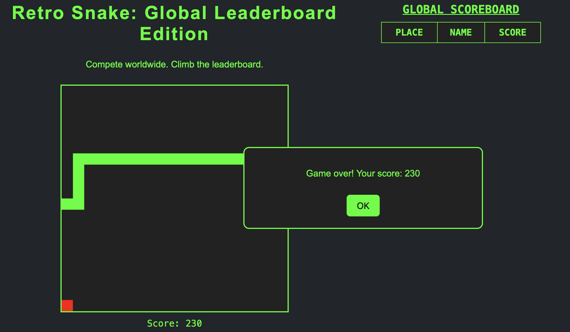 Snake Level Display Retro Snake: Global Leaderboard Edition by Ickisjao