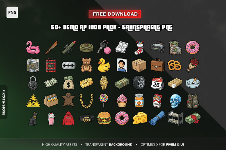 Modern RP Icons – FREE FiveM & GTA Inventory Starter Pack by PIXARTS STORE