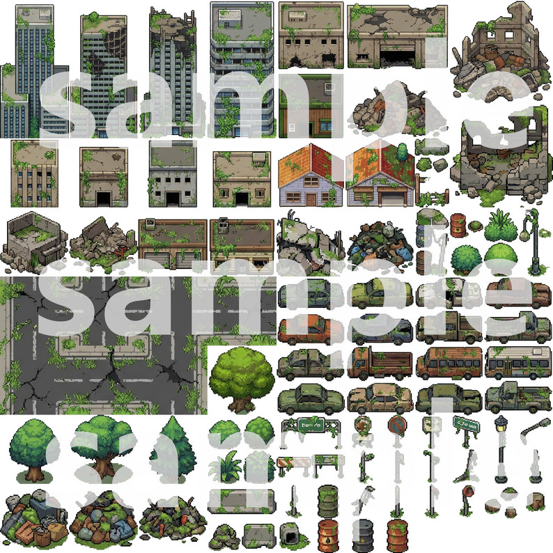Green-Apocalyptic Ruins Tileset - Pixel Art Game Assets by Cute SCKR