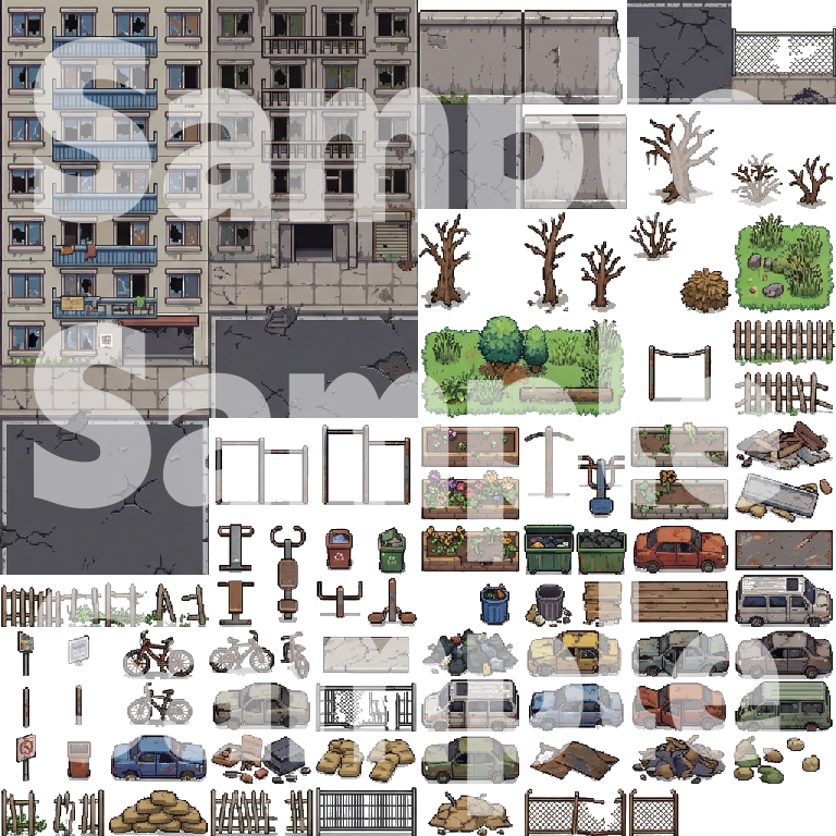 Post-Apocalyptic War Ruins Tileset - Pixel Art Game Assets by Cute SCKR
