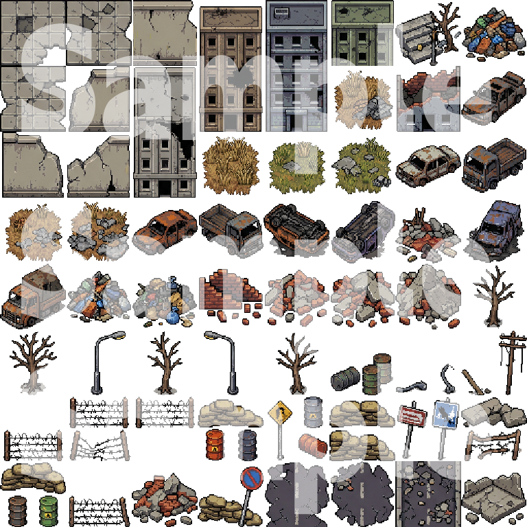 Post-Apocalyptic War Ruins Tileset - Pixel Art Game Assets by Cute SCKR