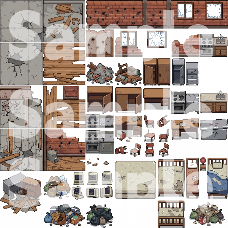 Post-Apocalyptic War Ruins Tileset - Pixel Art Game Assets by Cute SCKR