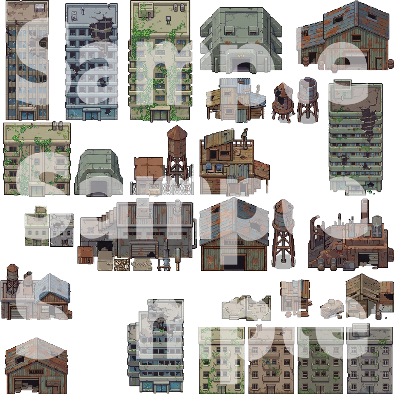 Post-Apocalyptic War Ruins Tileset - Pixel Art Game Assets by Cute SCKR