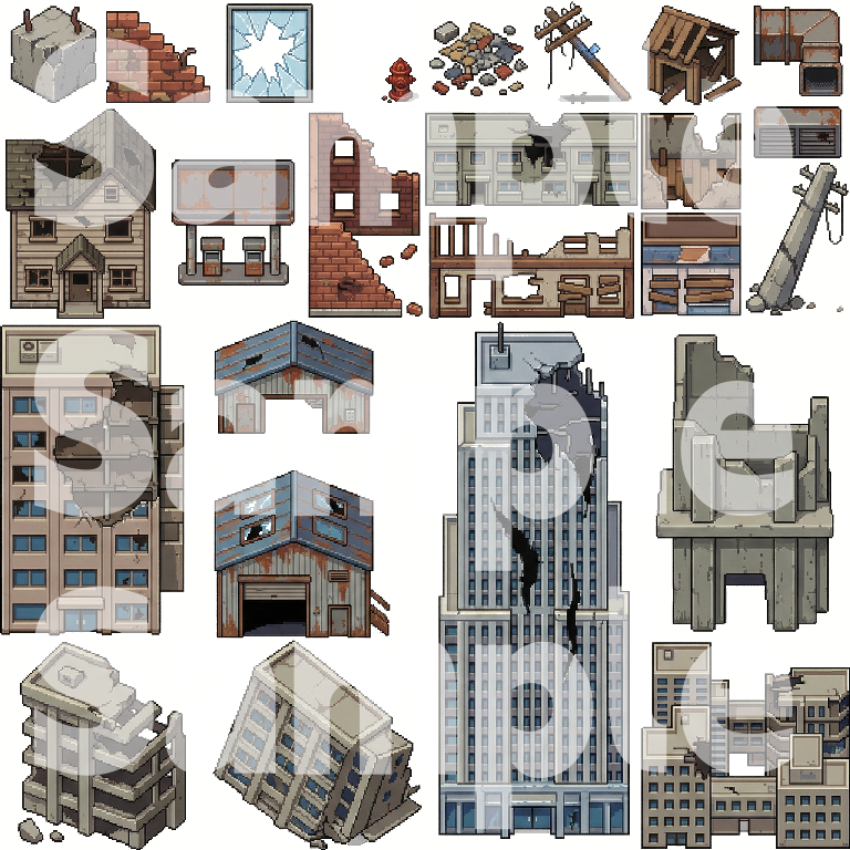 Post-Apocalyptic War Ruins Tileset - Pixel Art Game Assets by Cute SCKR