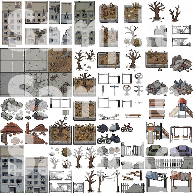 Post-Apocalyptic War Ruins Tileset - Pixel Art Game Assets by Cute SCKR
