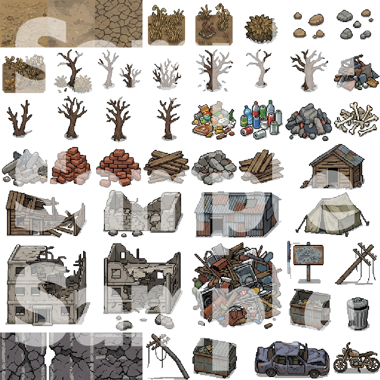 Post-Apocalyptic War Ruins Tileset - Pixel Art Game Assets by Cute SCKR