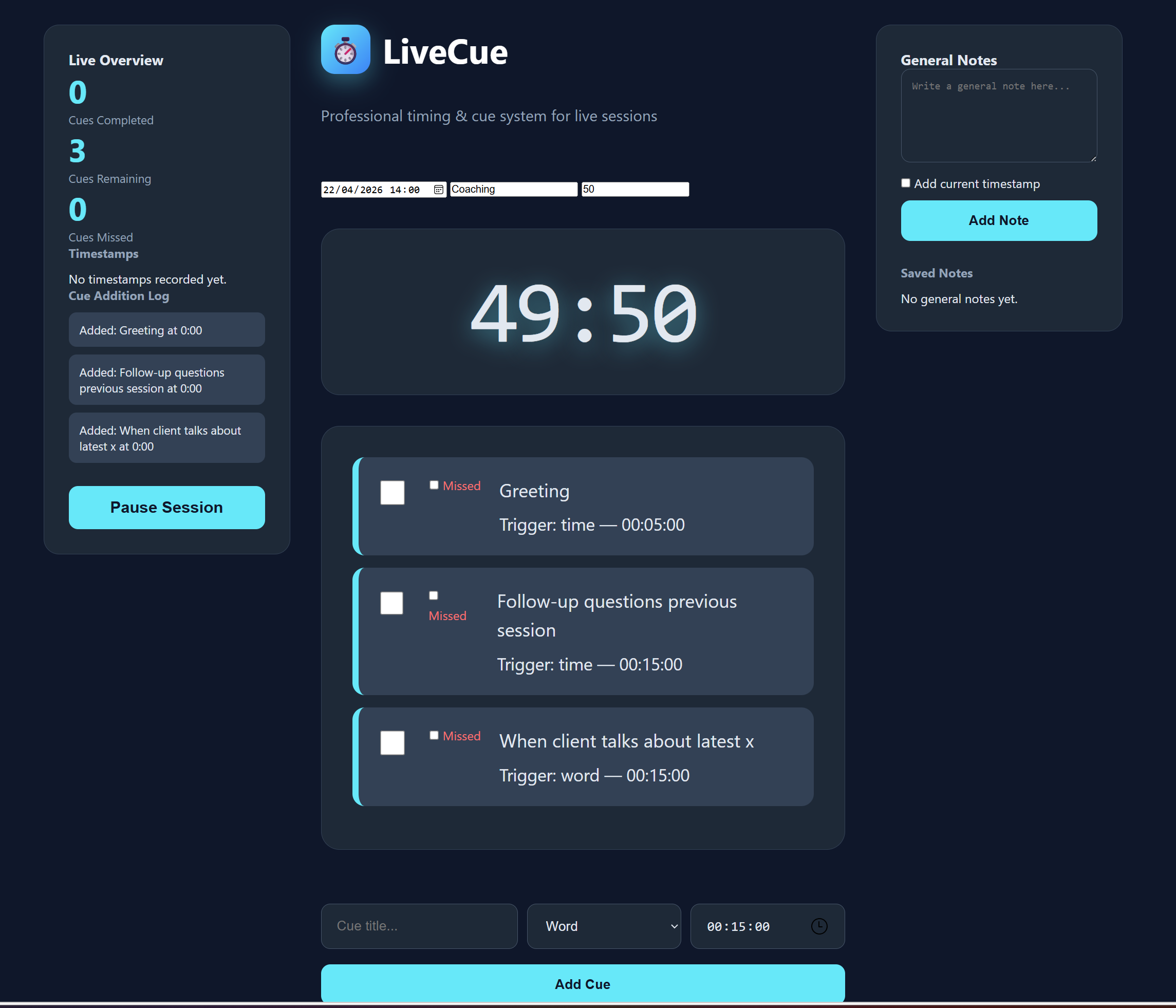 LiveCue – Professional Timing & Cue System for Live Sessions by Typfoudt