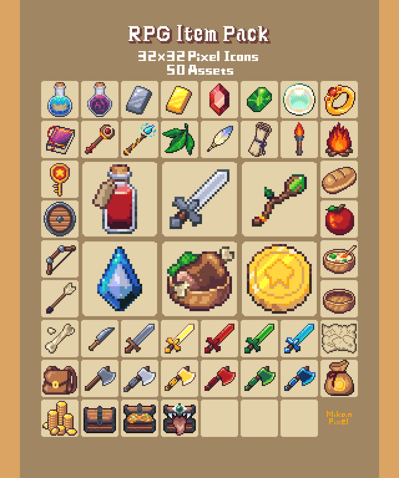 RPG Item Pack - 32x32 Pixel Icons (50 Assets) by Mikan Pixel