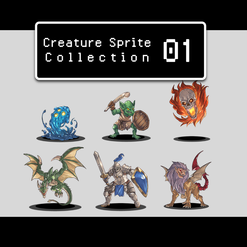 12 Creature Sprites Pack 01 (PNG, 4 Color Variations) by aconite