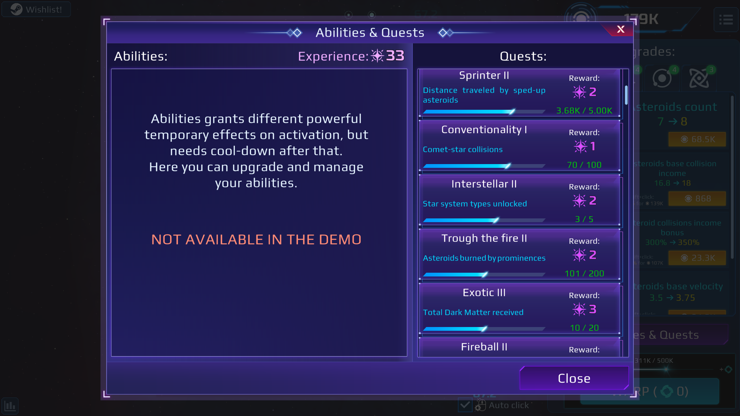 Abilities & Quests window