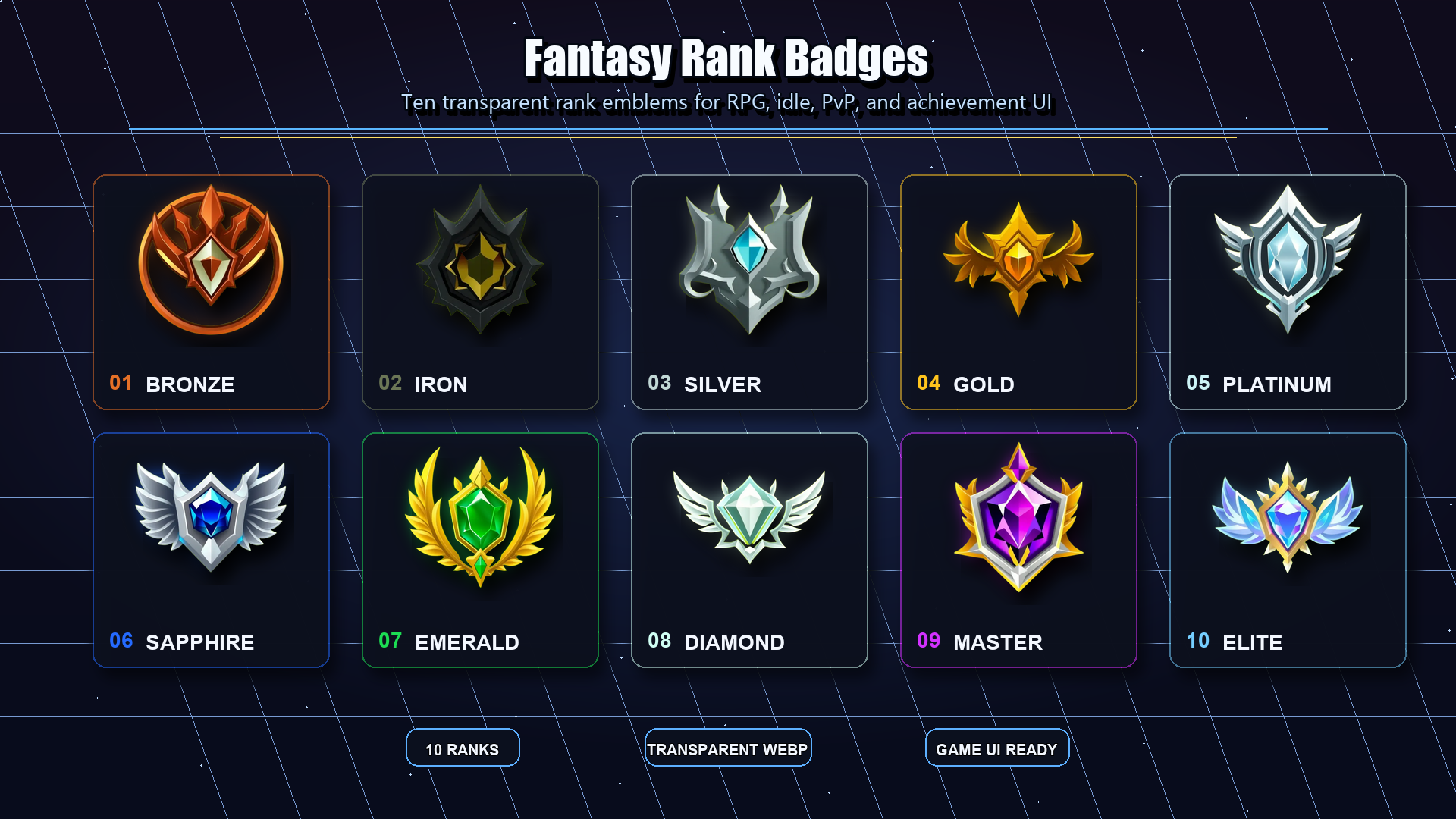Tier Emblems Backgrounds Fantasy Ranked Emblems: Bronze to Elite - 10 pack by Template Foundry