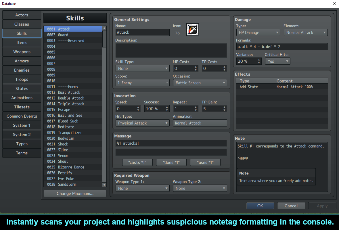 Screenshot 2 for Free RPG Maker MZ Plugin: CT_NotetagGuardian - Notetag Validator & Warning Helper