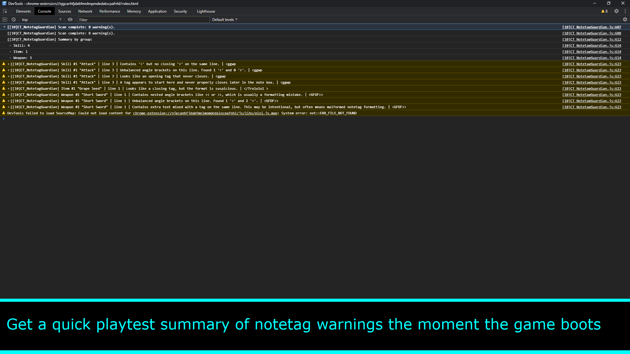 Screenshot 5 for Free RPG Maker MZ Plugin: CT_NotetagGuardian - Notetag Validator & Warning Helper
