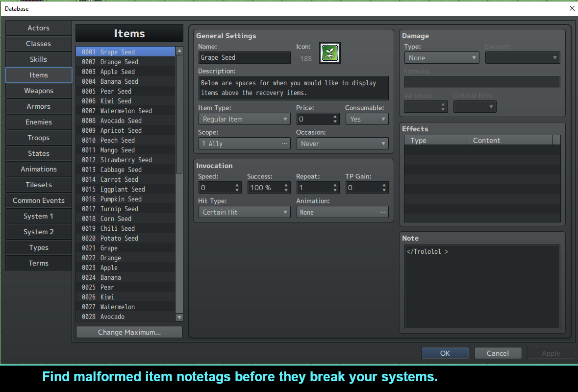 Screenshot 3 for Free RPG Maker MZ Plugin: CT_NotetagGuardian - Notetag Validator & Warning Helper