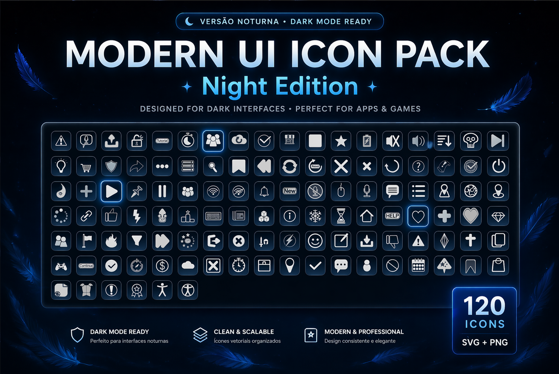 Modern UI Icon Pack – Night Edition • 120 Dark Mode Icons (SVG + PNG ...