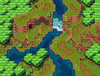 Pixel art forest scene with a river, waterfall, trees, grassy areas, and a cave entrance on the left bank.