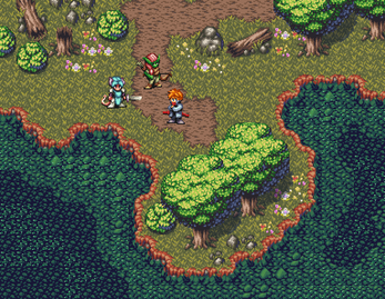 Pixel art scene with two characters and a goblin on a forest path near a lake, surrounded by trees and flowers.