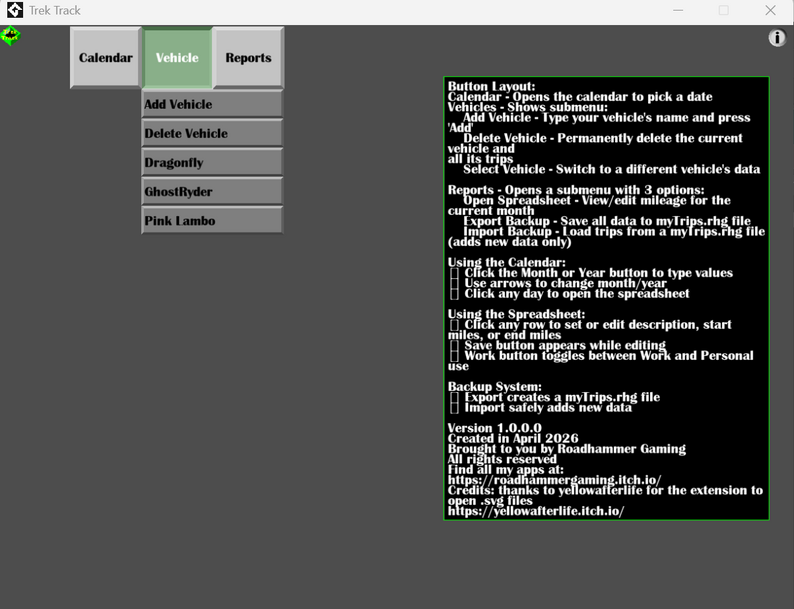 Vehicle options, app info