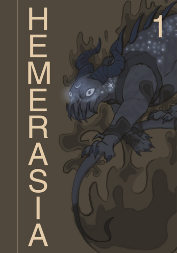 There's a figure of a woman in the middle, stanting on a mountain top. She wears a garment with oxen breasts. To her sides are two deer, below her is a sleeping wolf. Behind, two mountains and a night sky.