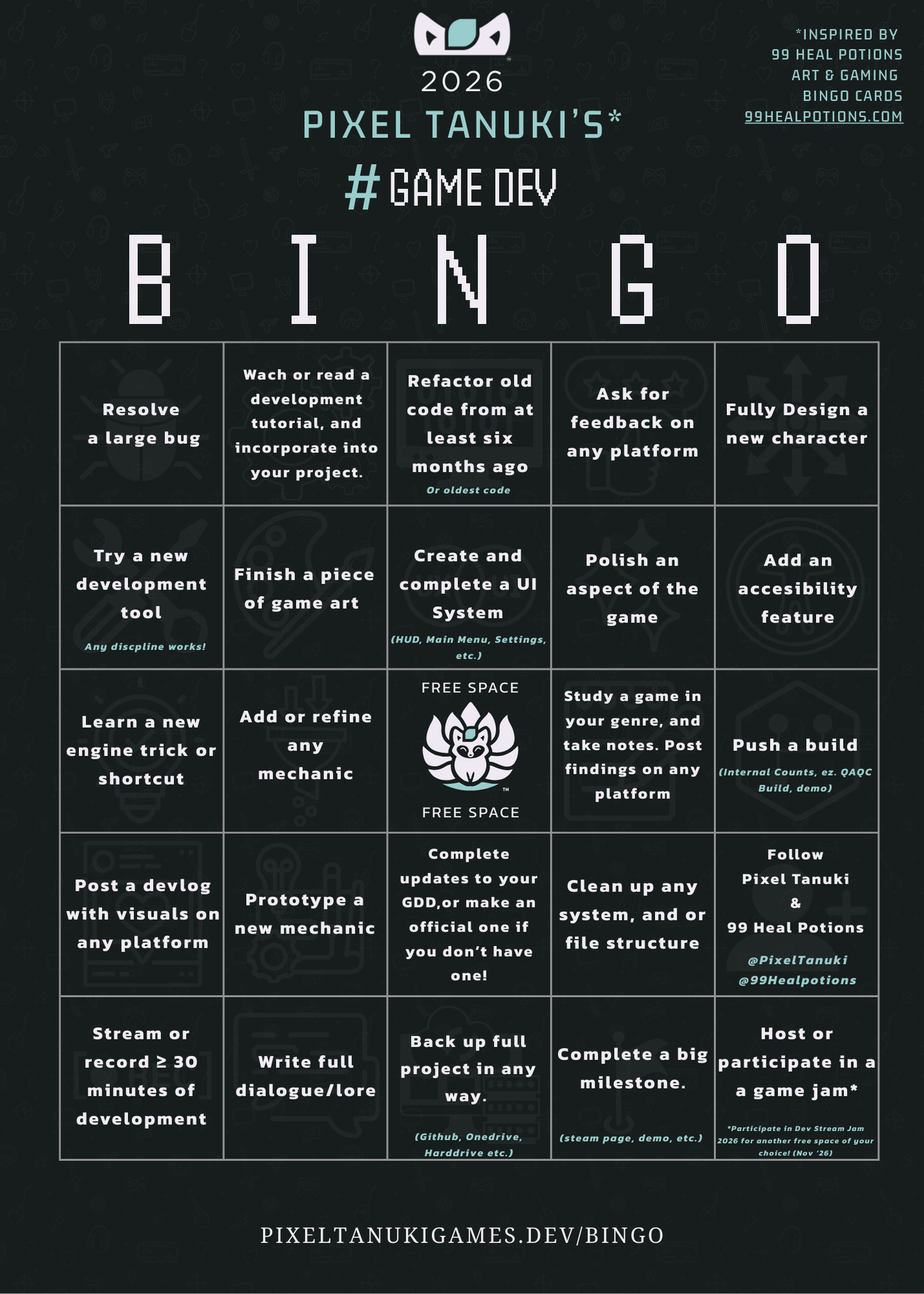 2026 Game Dev Bingo! by Pixel Tanuki Games