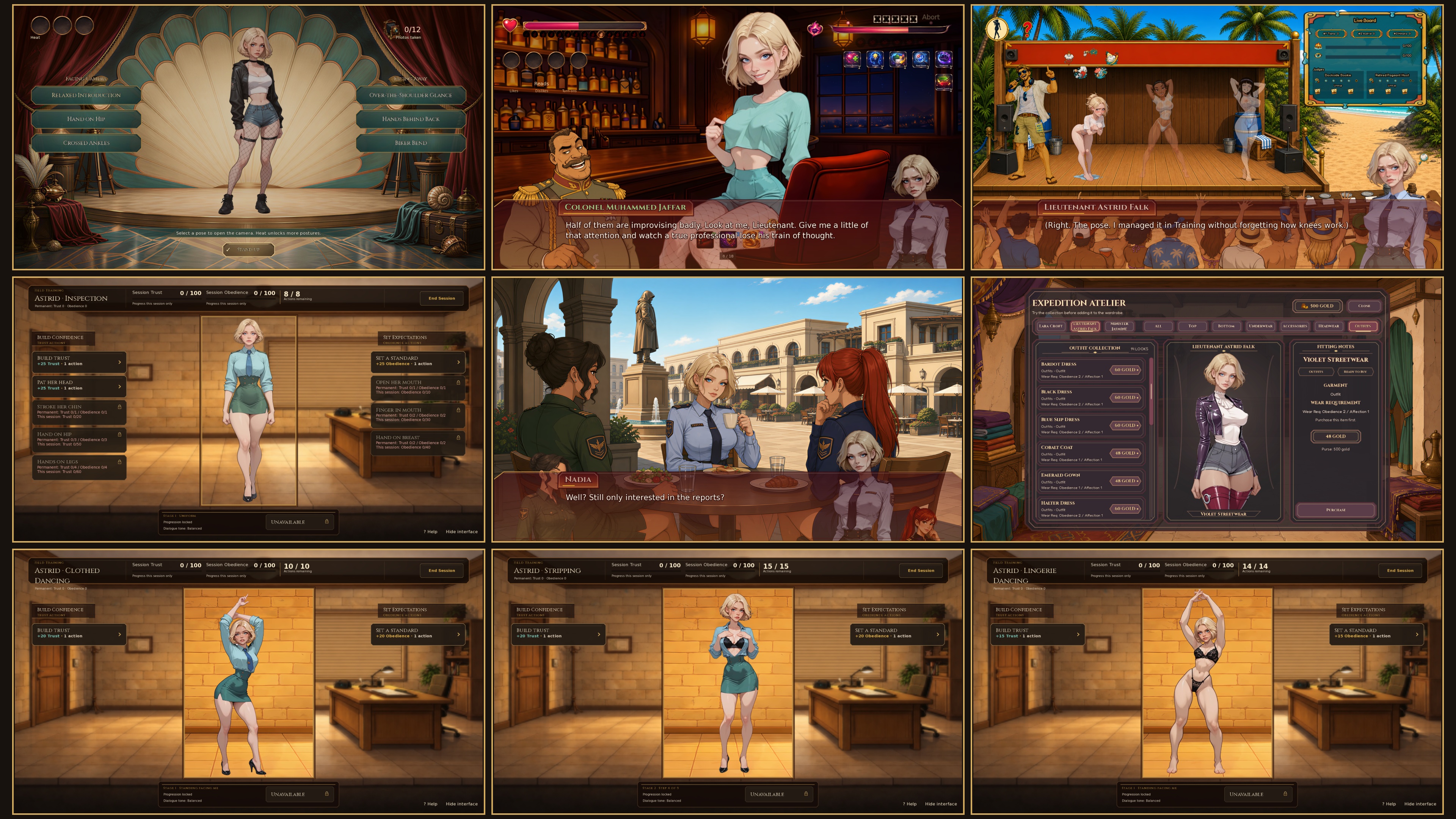 Raider Trainer gameplay collage: dates, exploration, story scenes, and minigames