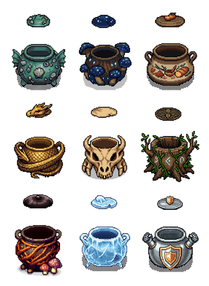Alchemy Cauldrons - Pixel Art Asset Pack by Seveneves.ai